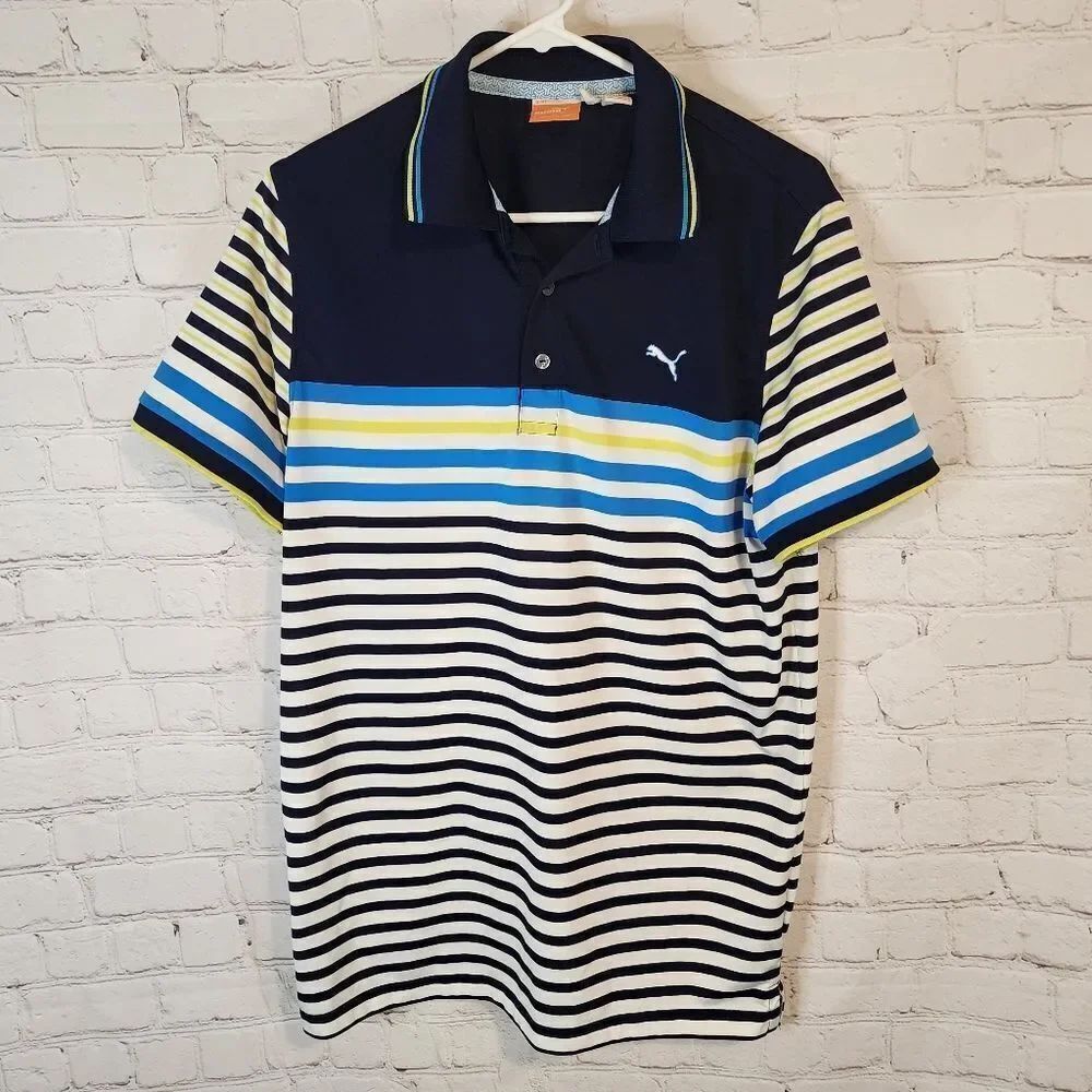 Puma Men's Navy Striped Polo Shirt, size Large